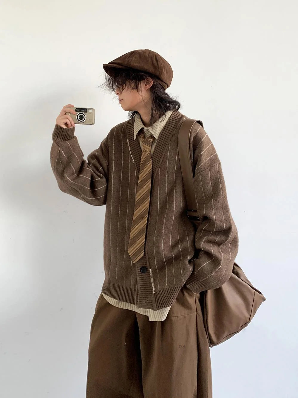 Neutral Striped Knitted Cardigan