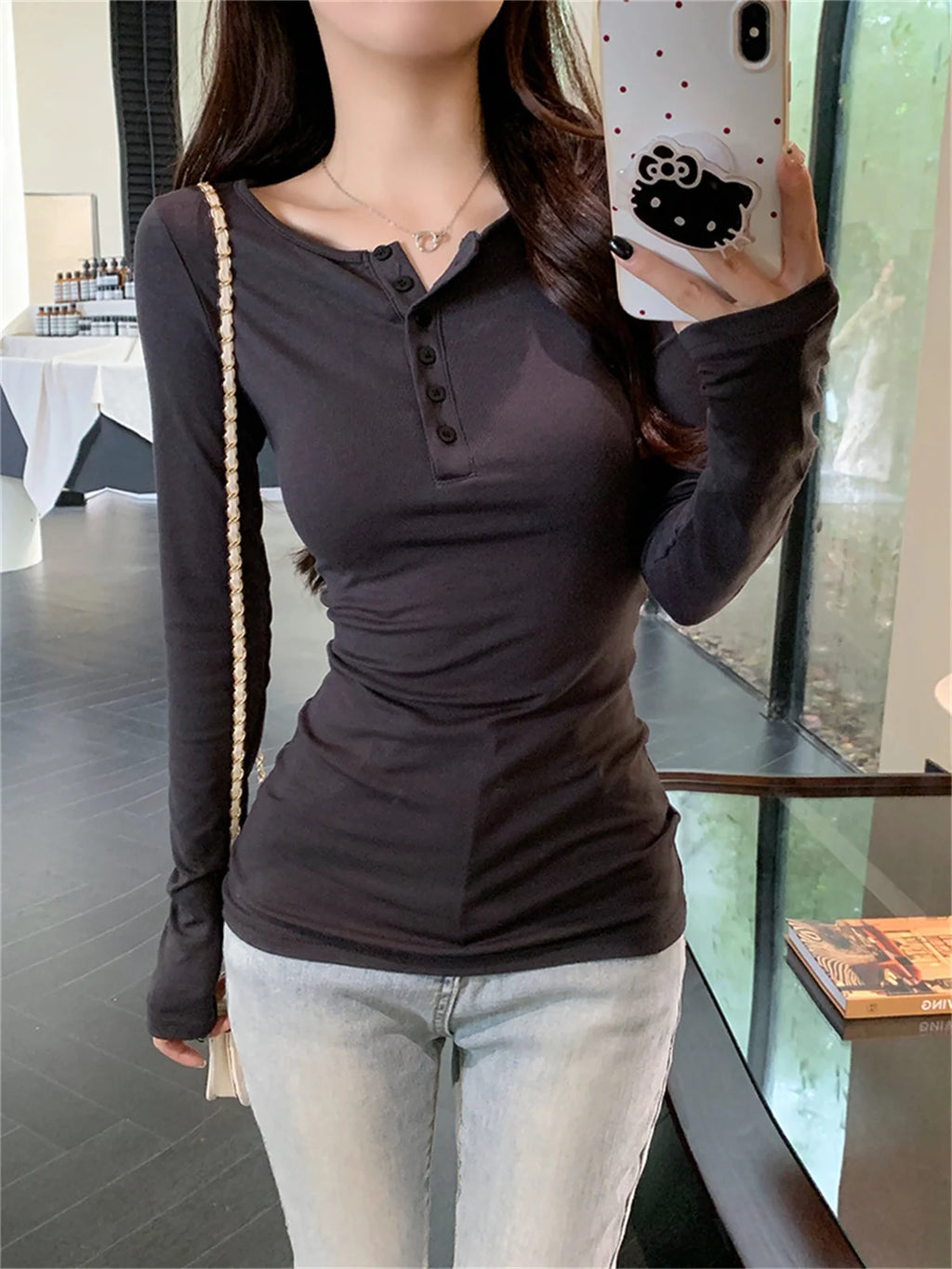 Slim Long Sleeve Shirts Button Solid Pullover Top