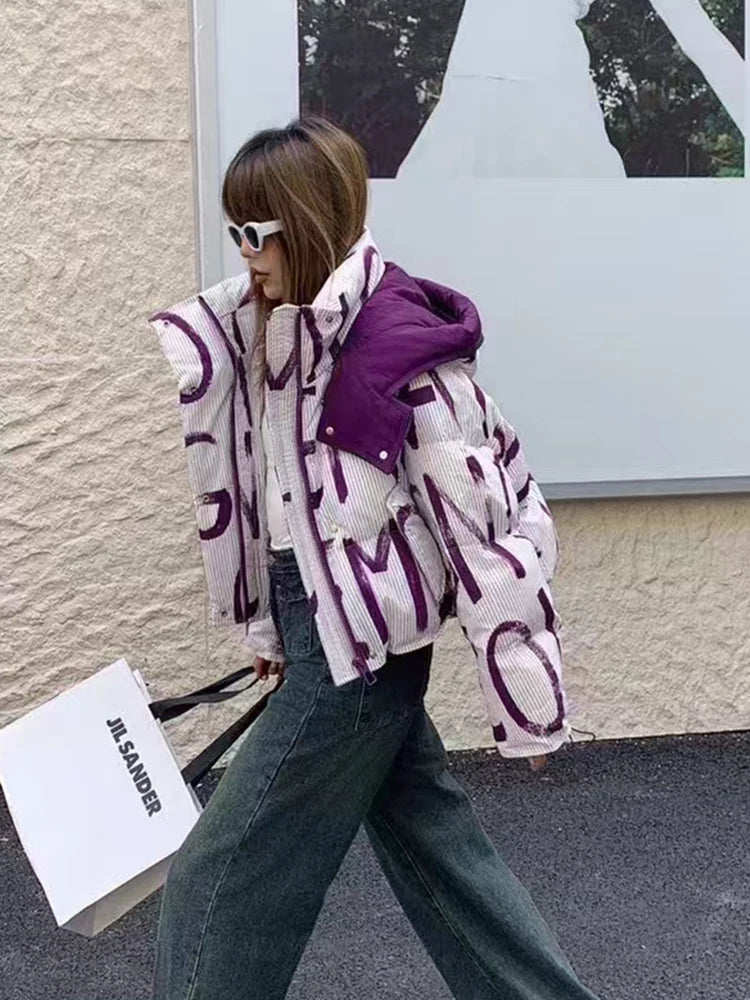 Letter Print Street Short Hooded Coat White Duck Down Jacket