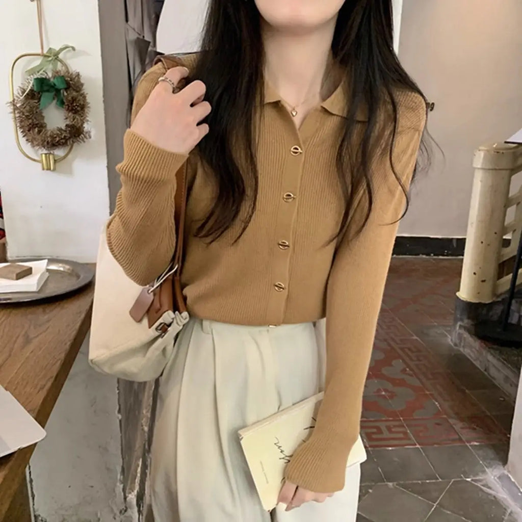 Autumn Elegant Fashion Solid Knit Cardigan Women Clothing Chic Turn-down Collar Long Sleeve Sweater All-match Elegant Button Top