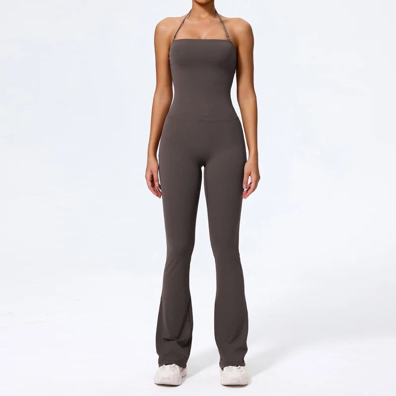 NewFall/Winter Women Sleeveless Yoga Jumpsuit Female Gym Flared Overalls Neck-hanging Backless Sportswear Sport Outfit For Woman