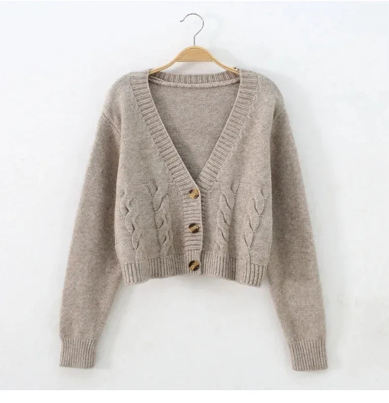 V Neck Cropped Cardigan Women Long Sleeve Twist Knitted Sweater Coats Autumn Winter Keep Warm Korean Fashion Jacket Cardigan