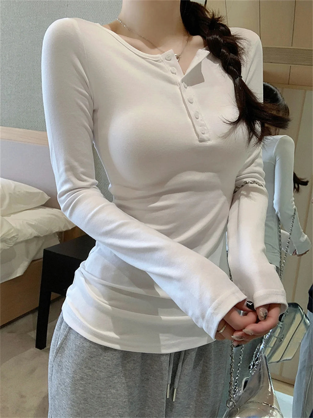 Slim Long Sleeve Shirts Button Solid Pullover Top