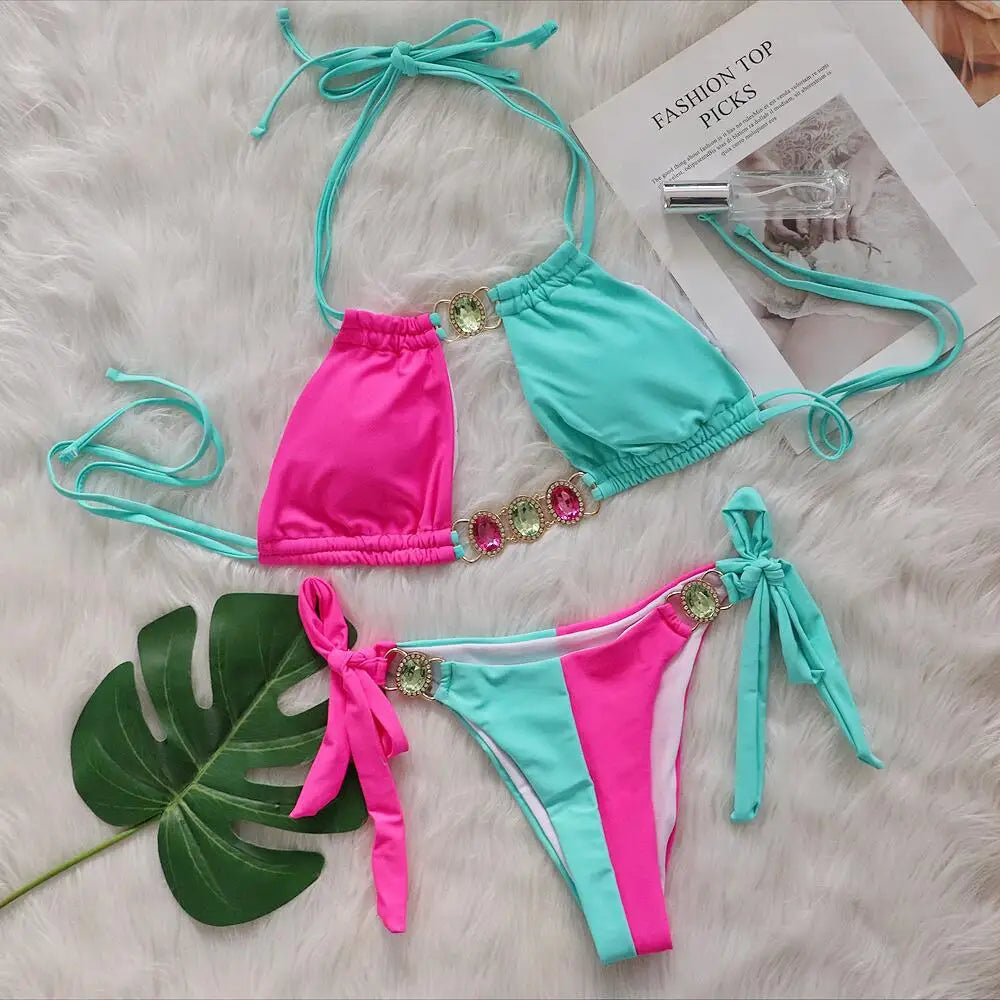 Rhinestones Splicing Bikini Set