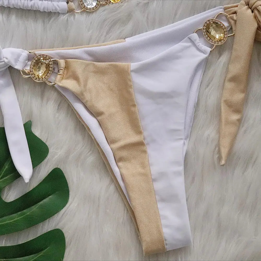 Rhinestones Splicing Bikini Set