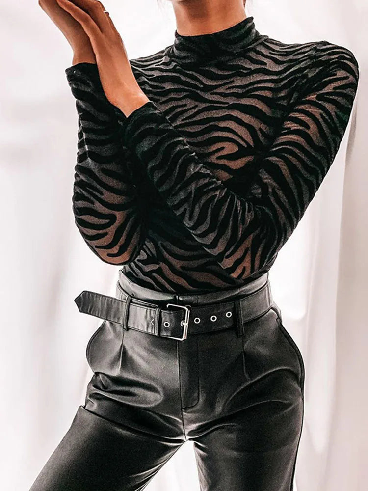 Black Mesh Transparent Zebra Bodysuit Long Sleeve Mock Neck Casual Bodysuit