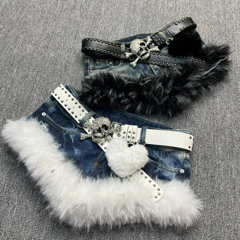Plush Patchwork Denim Shorts