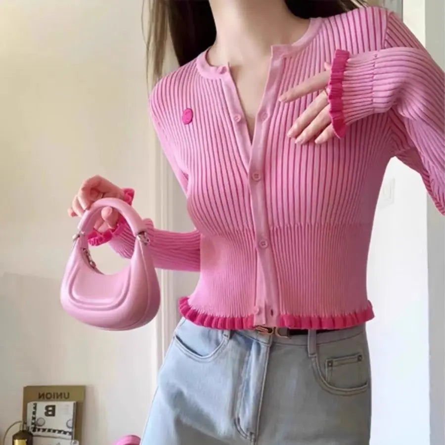 Women Clothing Knitting Cardigan Coat Spring Autumn New Sweet O-neck Long Sleeve All-match Sweater Casual Ruffles Slim Top Tee