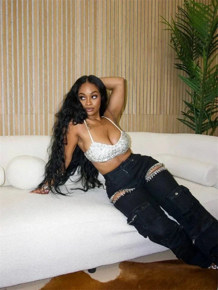 Tassel Diamond Pieces Mid Waist Straight Leg Jeans