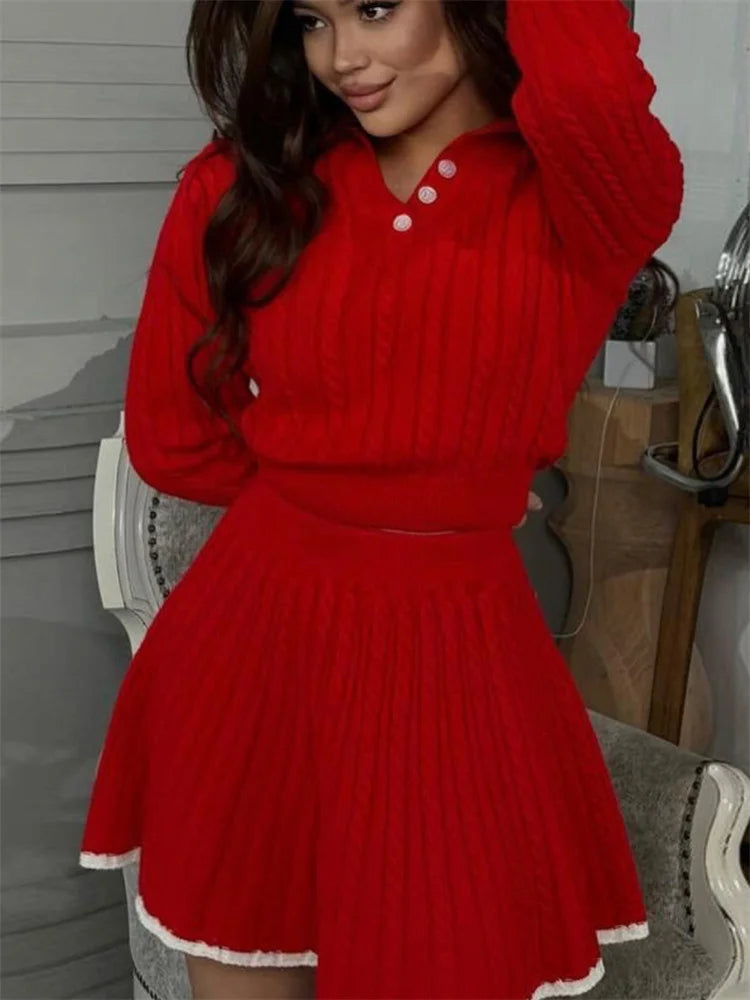 Patchwork Contrast Long Sleeve Lapel Pullover And High Waist Mini Skirt Outfit