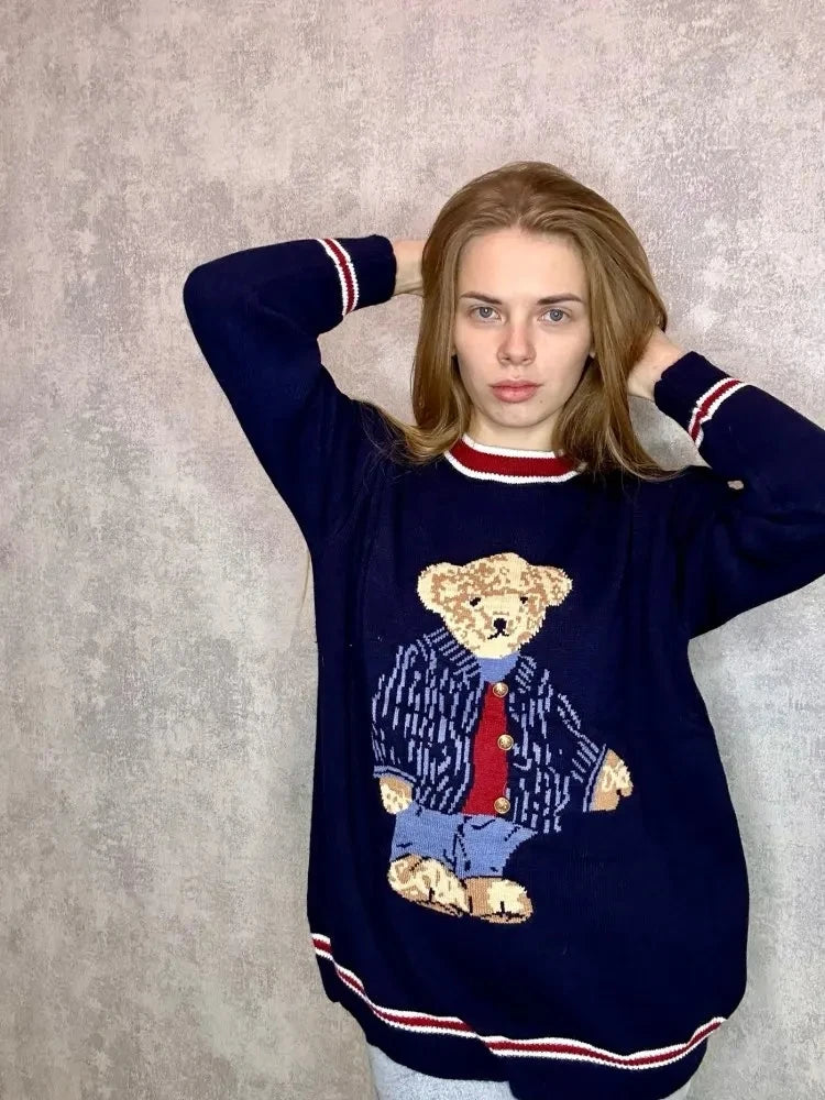 2025 Autumn Winter Women's Vest Japanese Style Cartoon Bear Pullover Vest Sweater Oversize Harajuku Kawaii Clothes Knitted Vest