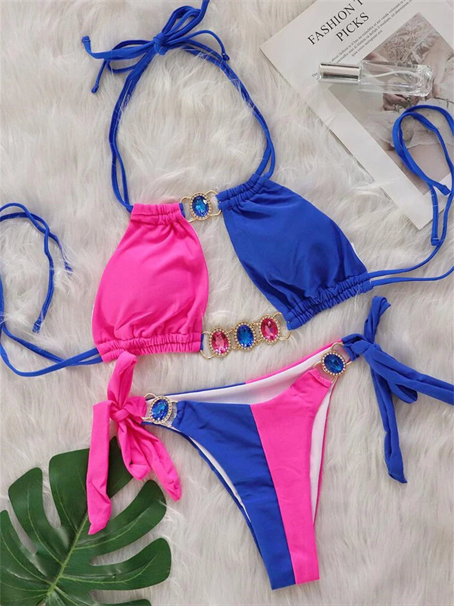 Rhinestones Splicing Bikini Set