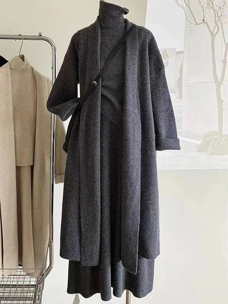 Knitted Skirt Sets Long Cardigans + Turtleneck Sweater Vest + Maxi Skirt