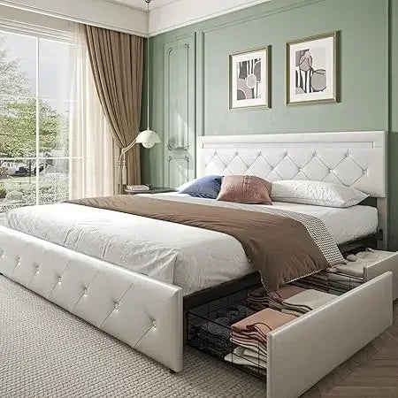 Bed Frame with Storage Drawers and LED Light