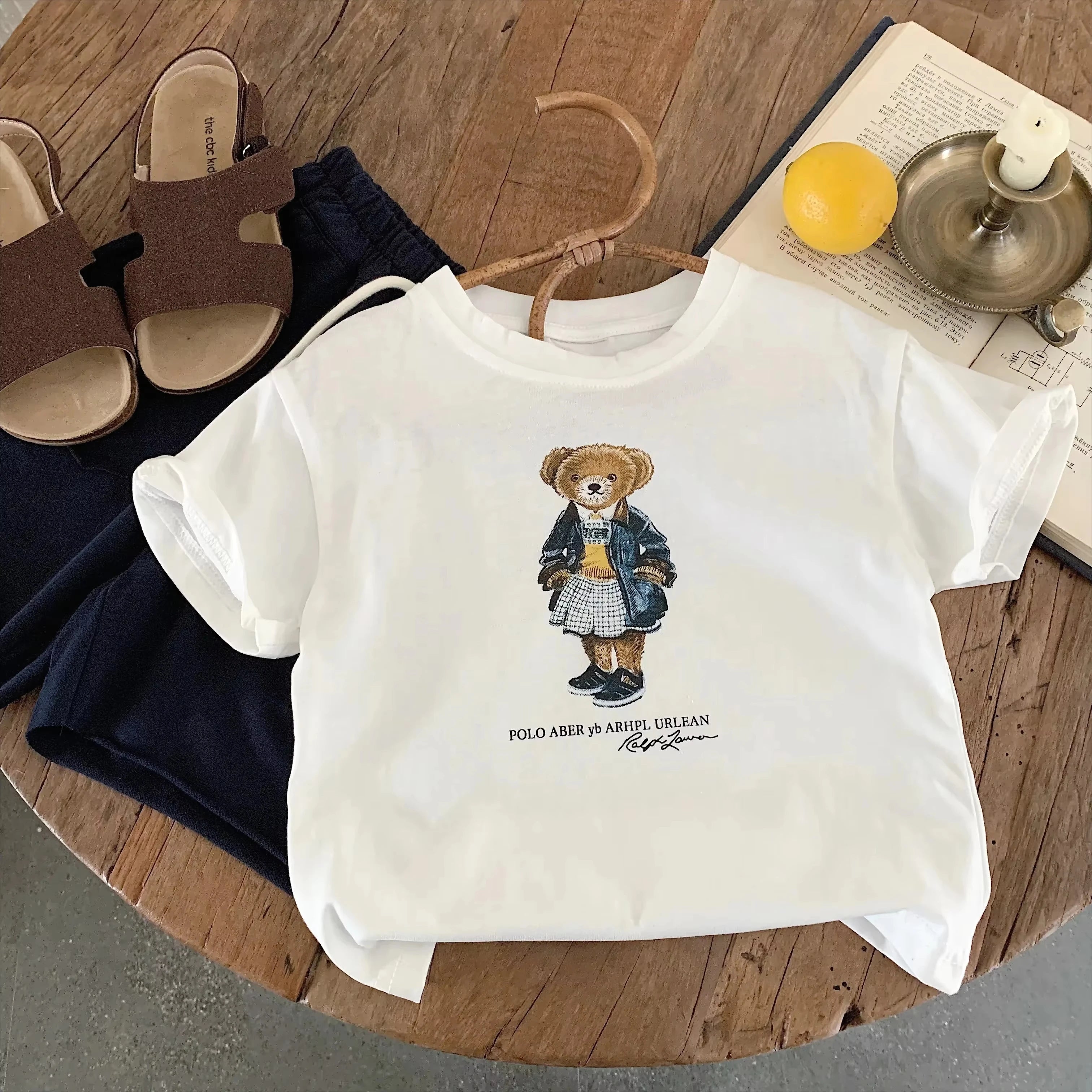 Children's cotton T-shirt boys and girls cartoon teddy bear short-sleeved T-shirt cute pattern top suitable for all seasons