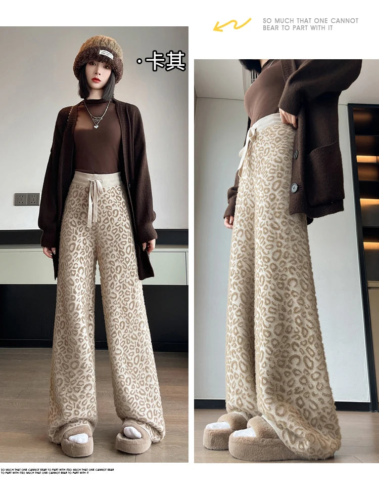 Leopard Print Contrast Color Basic Full Length Wide Leg Pants