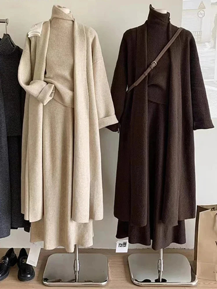 Knitted Skirt Sets Long Cardigans + Turtleneck Sweater Vest + Maxi Skirt