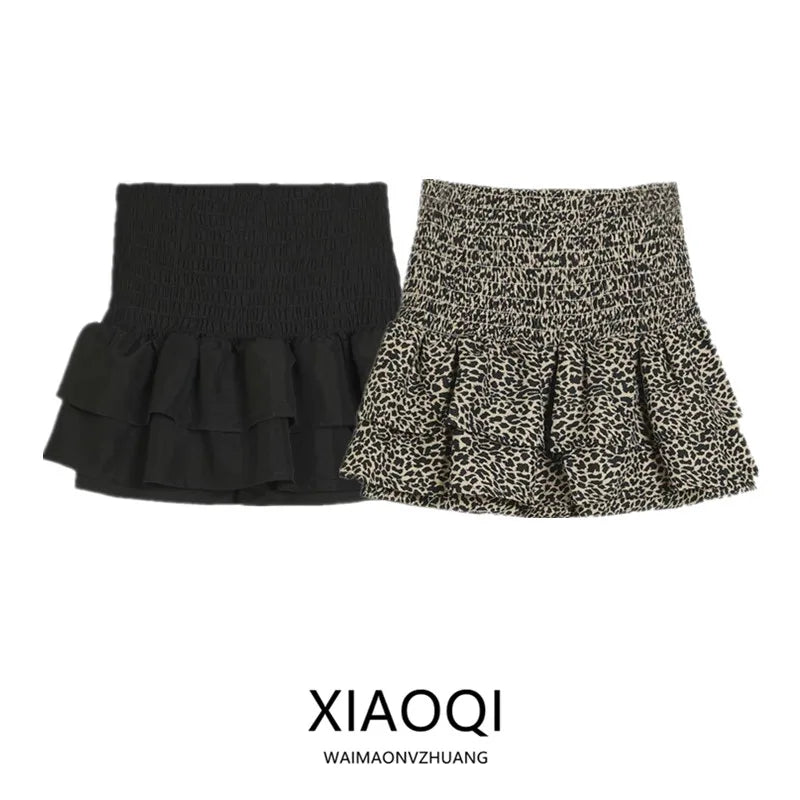 Casual High Waist Leopard Print Cake Skirt