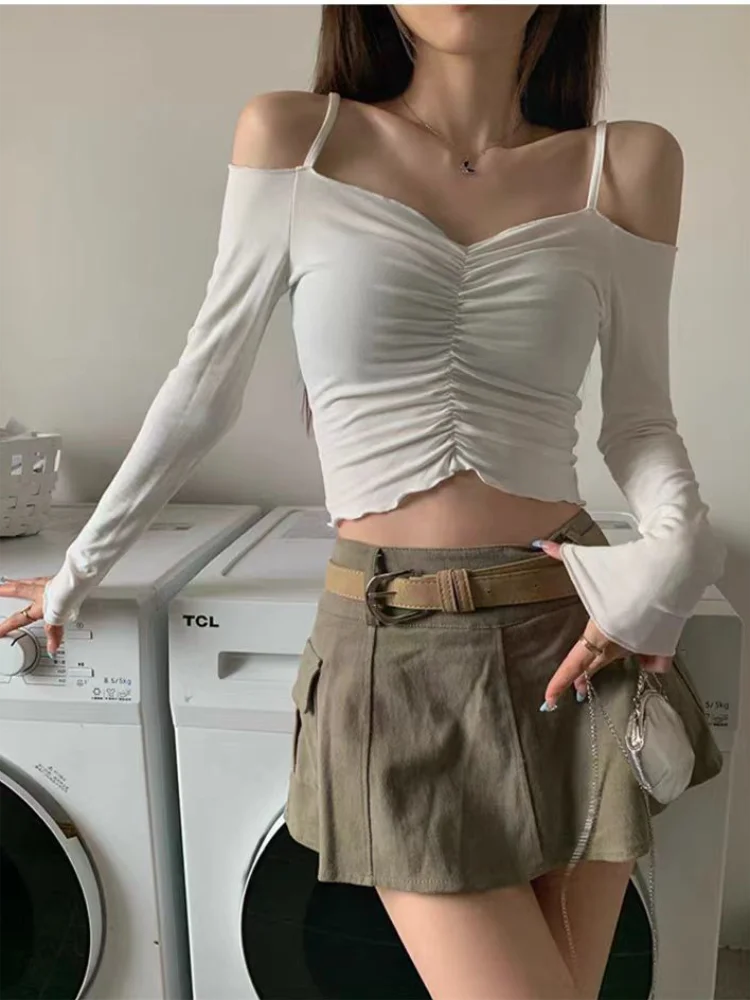 Women Off Shoulder Crop Tops Autumn Long Sleeve Corset Y2k Spice Girls Tops Korean Thin Black Slim Fit T-Shirt Lady Sexy Clothes