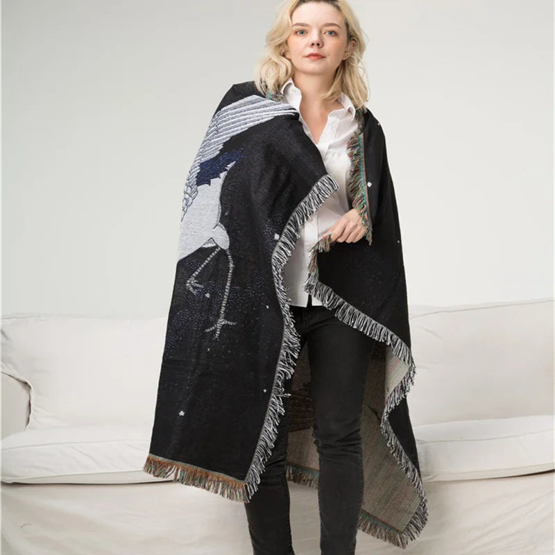 Textile City Ins Red Crowned Crane Retro Throw Blanket Ukiyo-e Auspicious Clouds Decro Tapestry Heavy Quality Backrest Towel