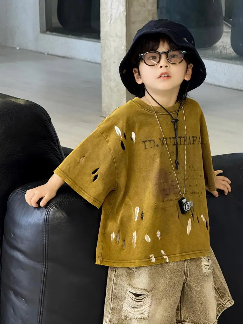 100-150cm Boys' clothing set summer new style children's ripped denim shorts tie dye short sleeved T-shirt 2-piece set