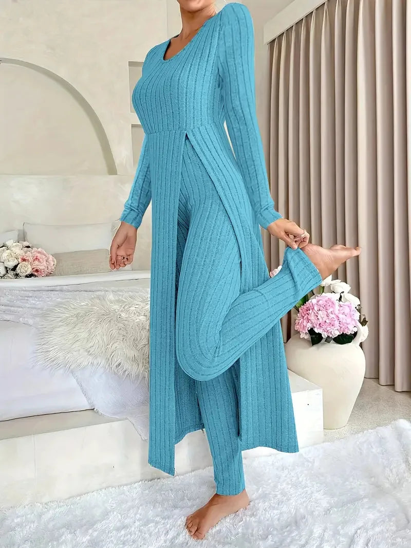 Super Long Slit Top Slim Trousers Two-Piece Set