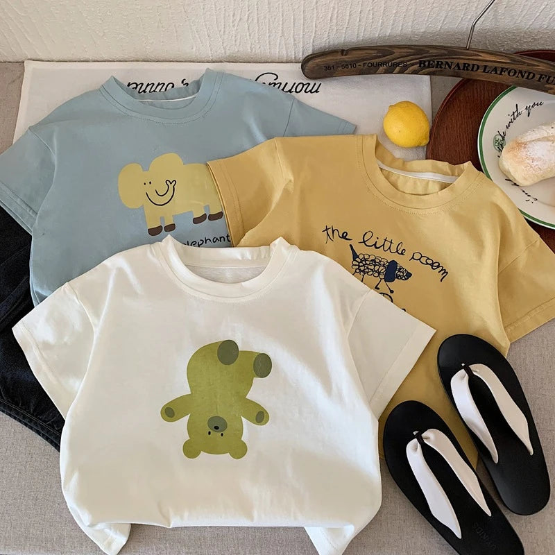 Summer Clothing Baby Boys Cartoon Printed T-shirt Round Collar Loose Casual Tshirts Children Clothes Short Sleeve Tees Tops