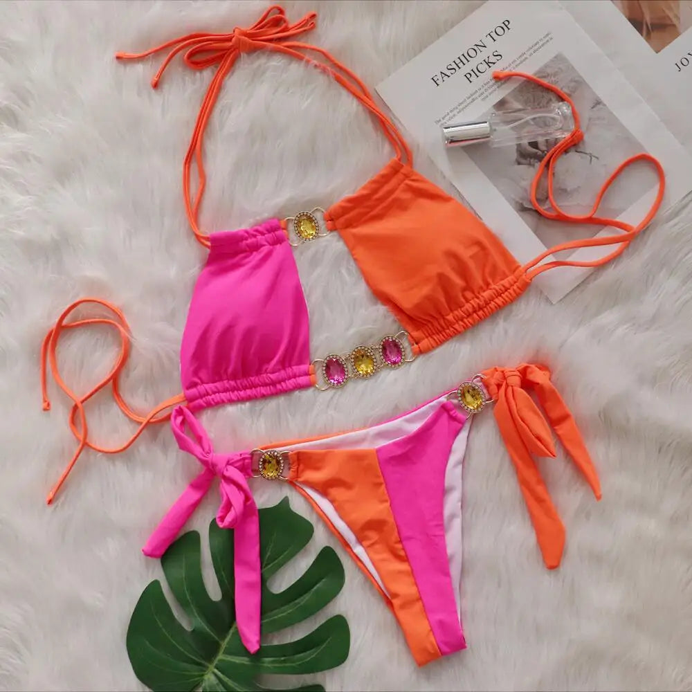 Rhinestones Splicing Bikini Set