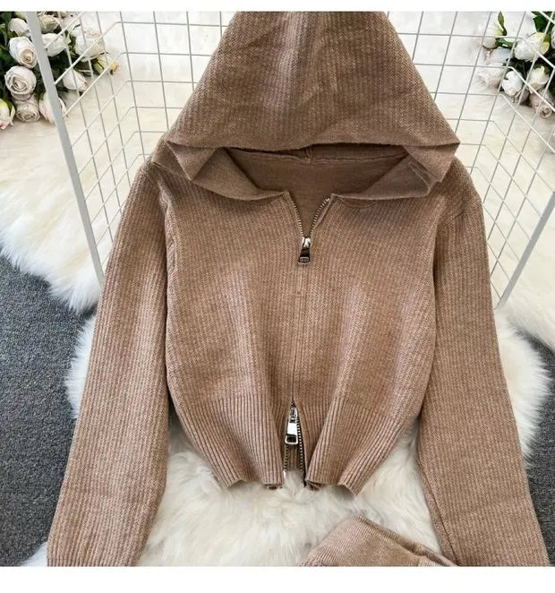 Zipper Hooded Slim Fit Knitted Sweatshirt Set