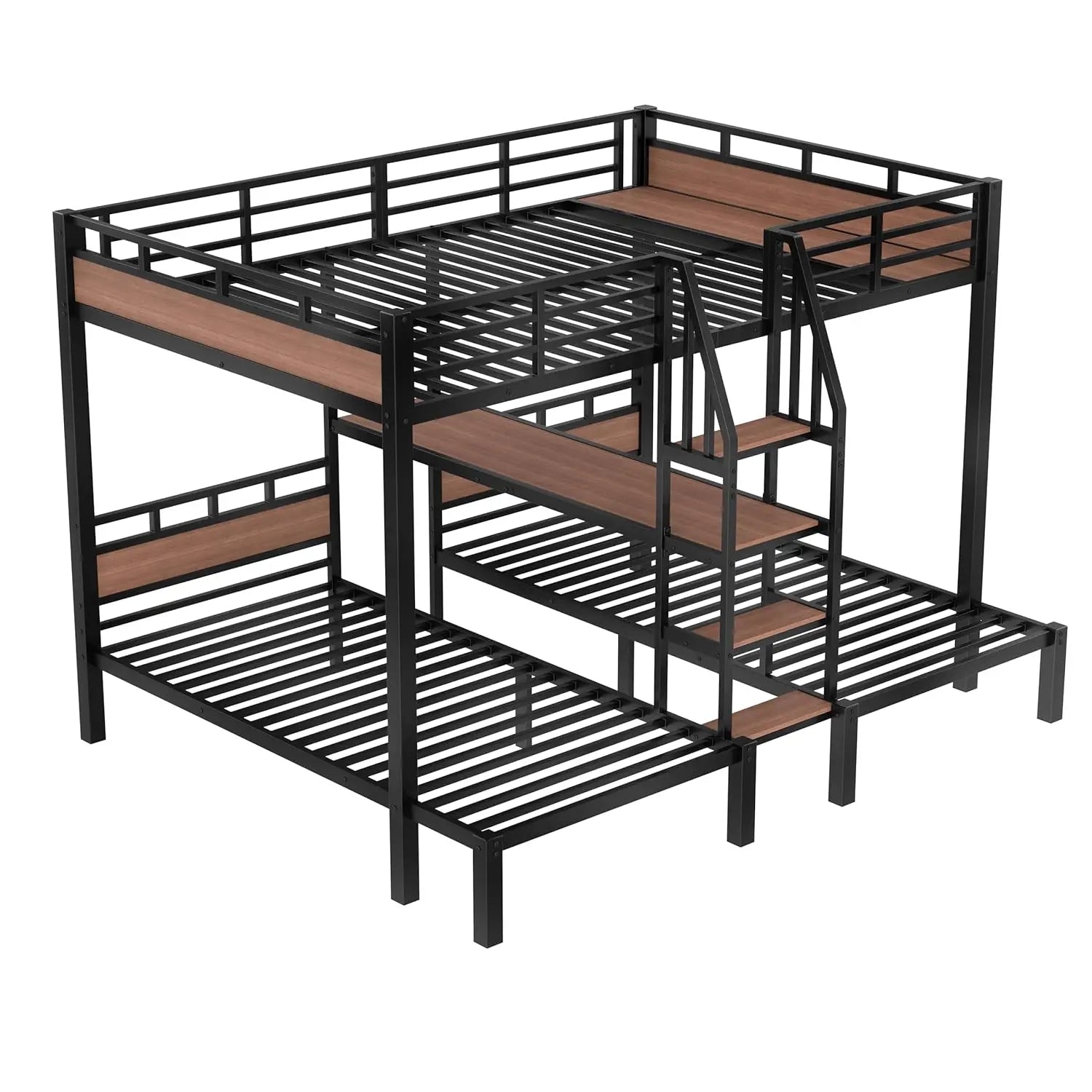 Queen Over Twin Over Twin Metal BunkBed with Storage Stairs and Shelves