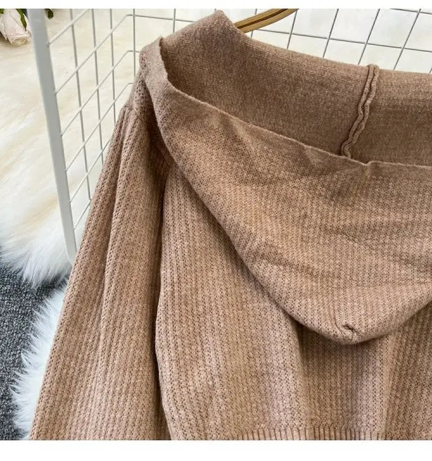 Zipper Hooded Slim Fit Knitted Sweatshirt Set