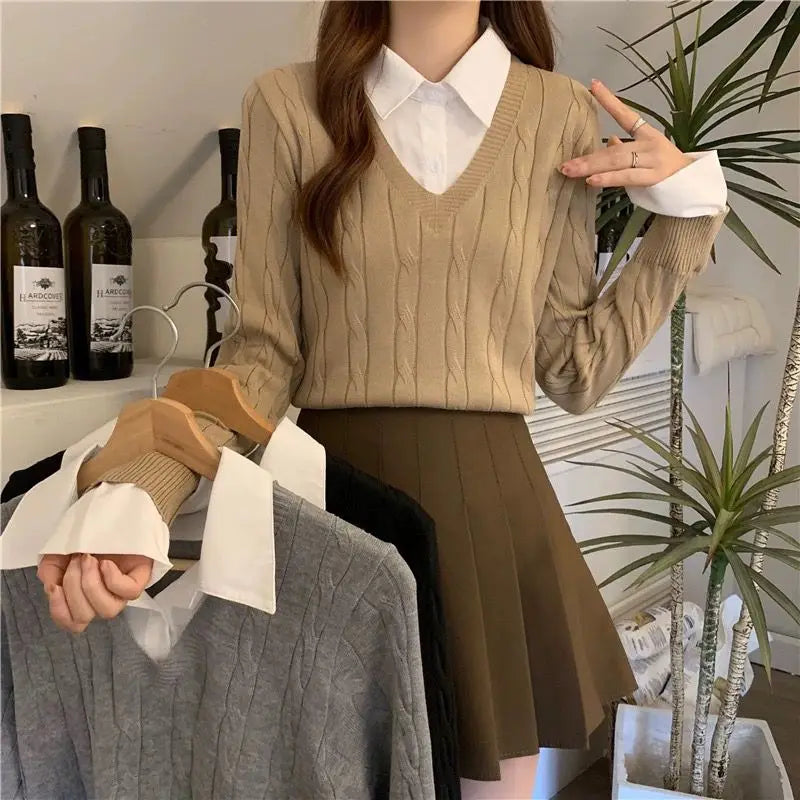 Fake Two Shirts, Knitted Sweater Women's Autumn/winter New Item Shirt Collar Niche Sweater Long Sleeved Top Inner Layer as Base