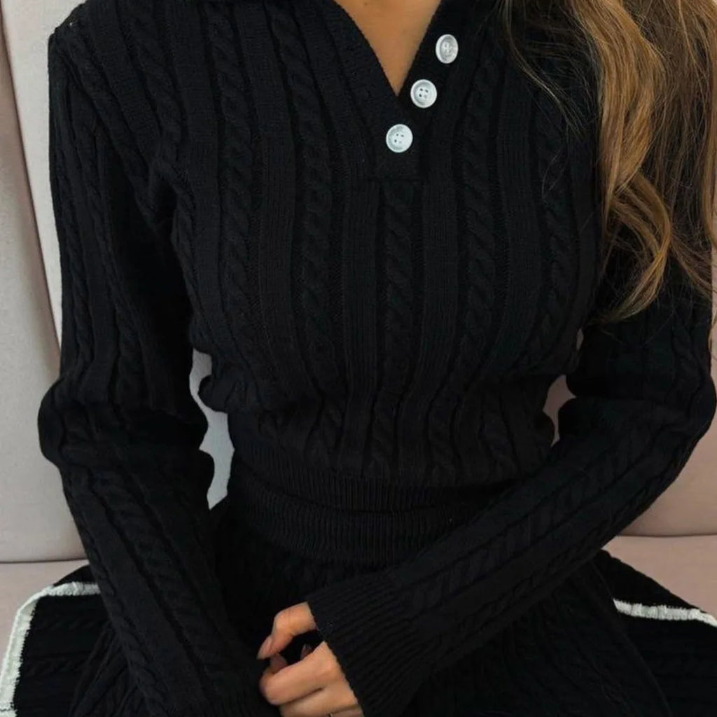 Patchwork Contrast Long Sleeve Lapel Pullover And High Waist Mini Skirt Outfit