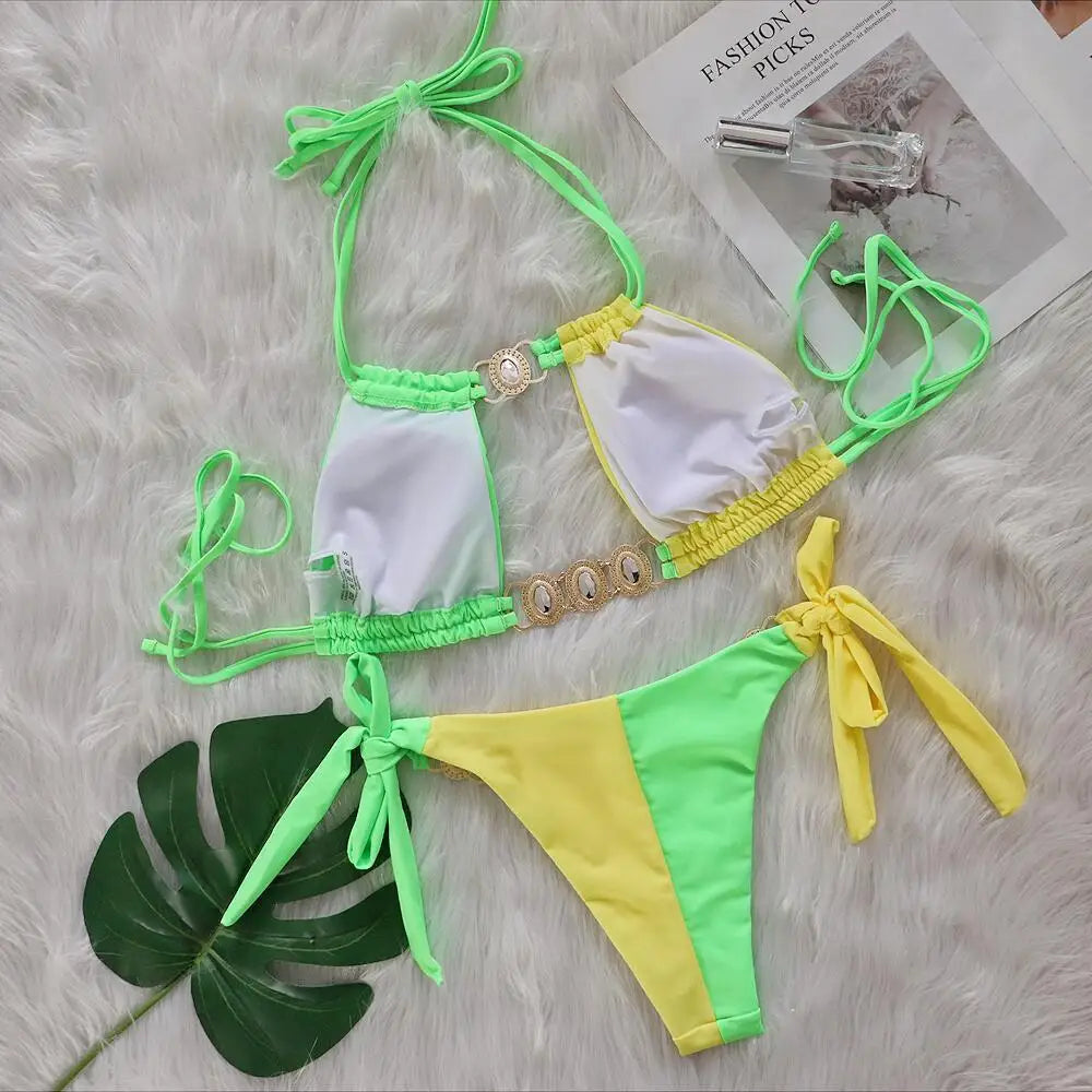 Rhinestones Splicing Bikini Set
