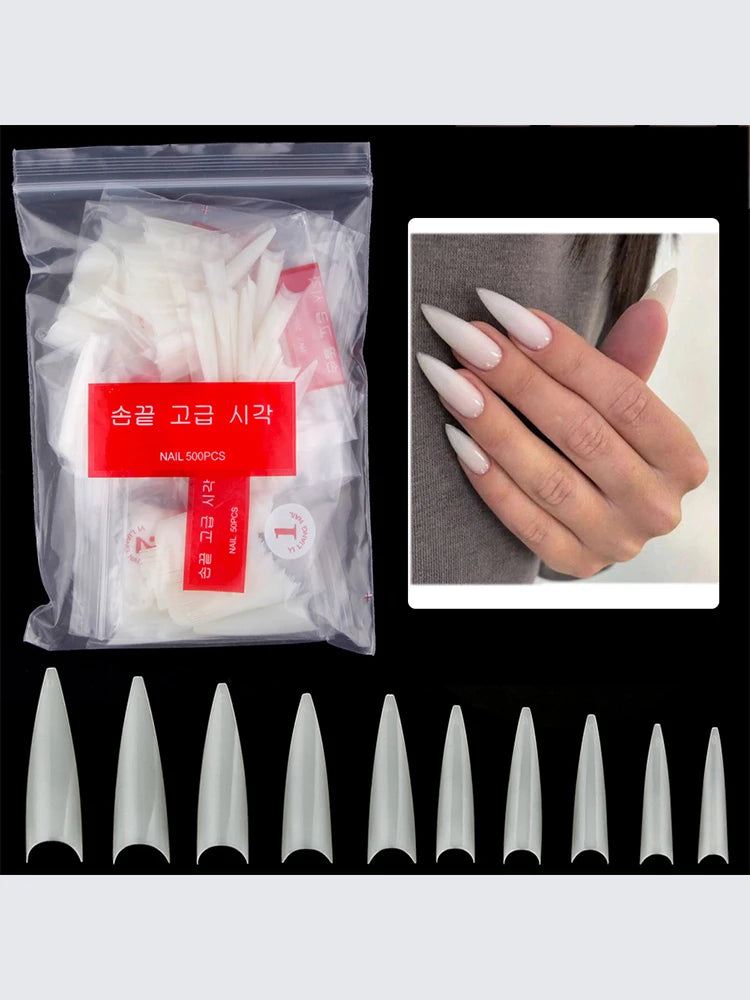 1Bag(600Pcs)Natural Stiletto Practice Nail Tips 10Size Half Cover Fake Acrylic Tip UV Gel Extension Press On Nails Manicure Tool