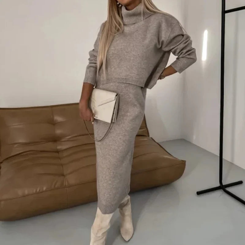 Solid Turtleneck Knitted Set