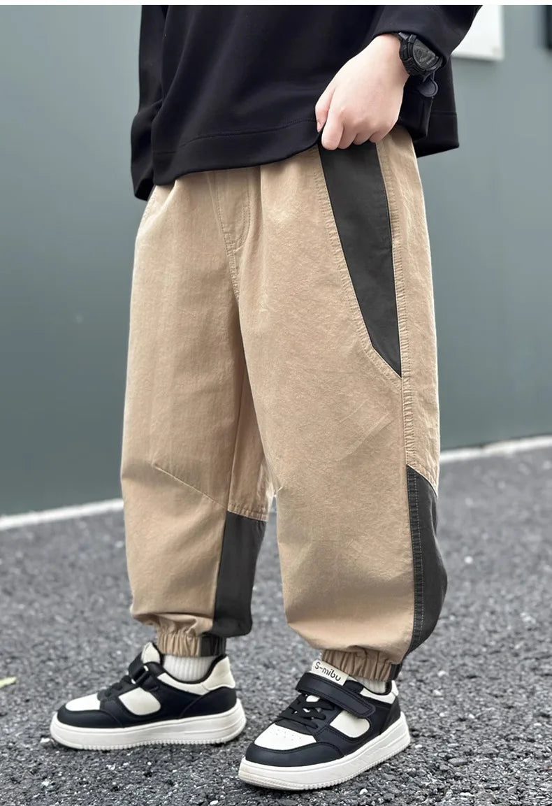 New Spring Autumn Fashion Splicing Style Boys Pants Loose Patchwork Sport Overalls Cargo Trousers For 4-14 Years Old Kids