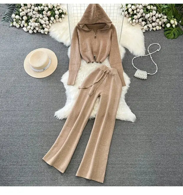 Zipper Hooded Slim Fit Knitted Sweatshirt Set