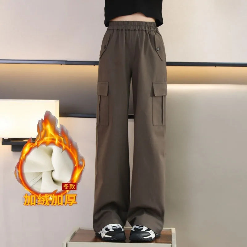 Girls Padded Cargo Pants Children Winter Fleece Trousers Kids Warm Casual Loose Clothes Teenager Autumn Fashion Wide-leg Pants