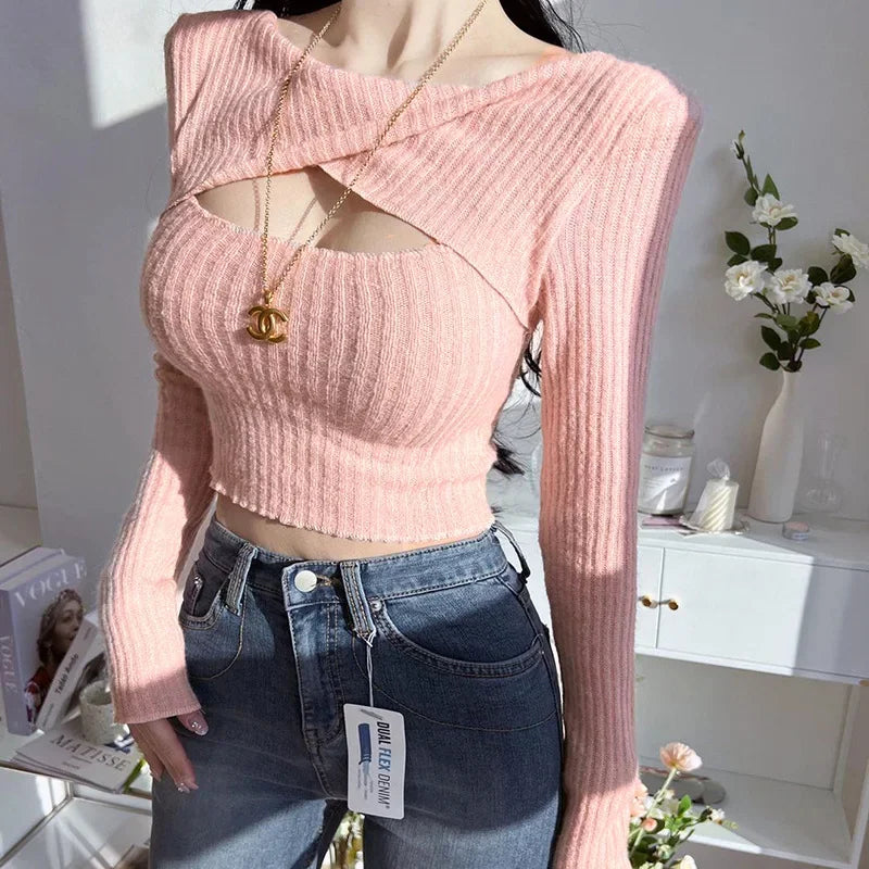 Hollow Out Sexy Long Sleeve Top for Women Spring Mesh Red Short Fitting Knit Sweater  Winter Thin Tops Sweet E8FH