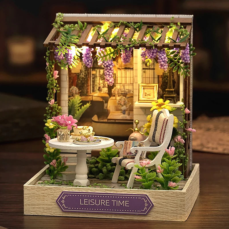 Wooden Miniature Doll House DIY Handmade Assembly Model Building Kit With Dust Cover