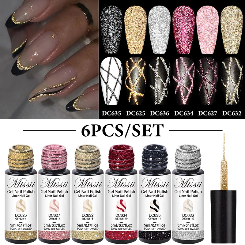 2/4/6pcs Reflective Glitter Liner Gel Nail Polish Set