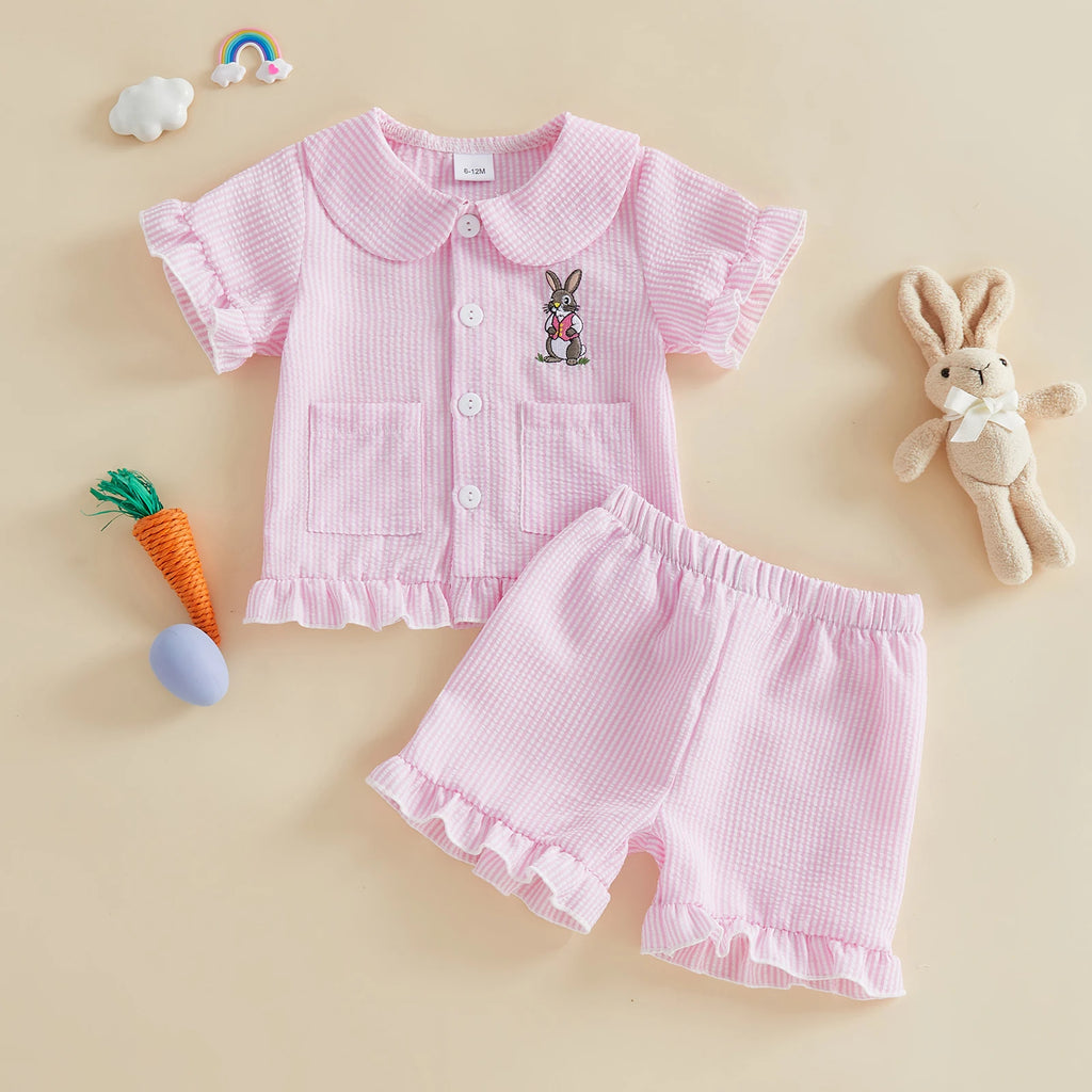 Citgeett Summer Easter Kids Toddler Baby Boys Girls Pajamas Set Bunny Embroidered Striped Button Short Sleeve Top Shorts Clothes