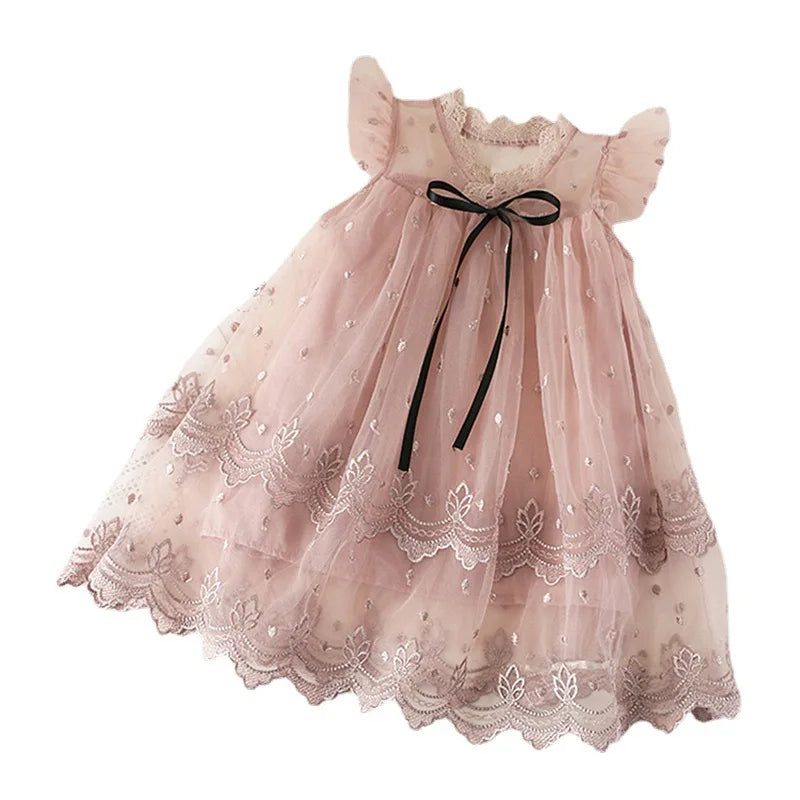 3 to 8 Years Summer Princess Girls Sweet Dress Floral Print Ruffles Sleeve Lace Tutu Mini Dress