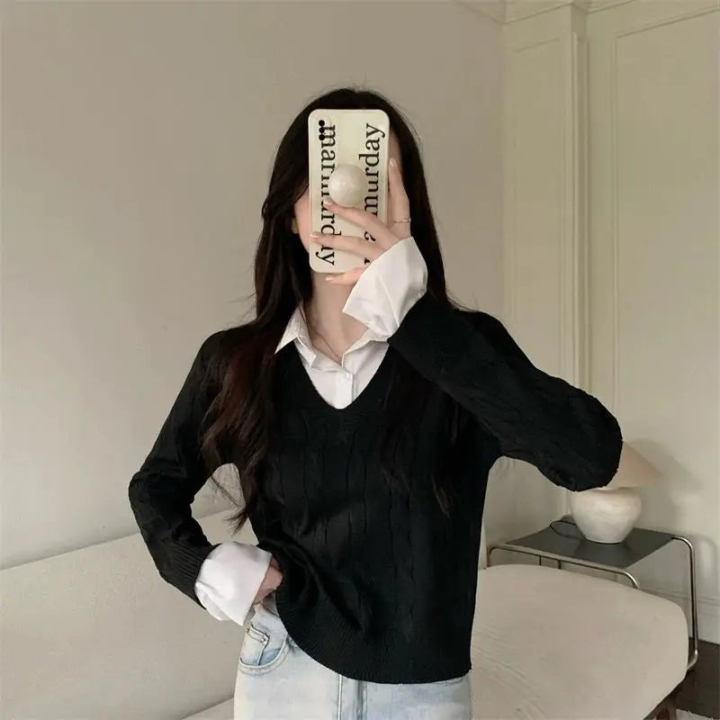 Fake Two Shirts, Knitted Sweater Women's Autumn/winter New Item Shirt Collar Niche Sweater Long Sleeved Top Inner Layer as Base