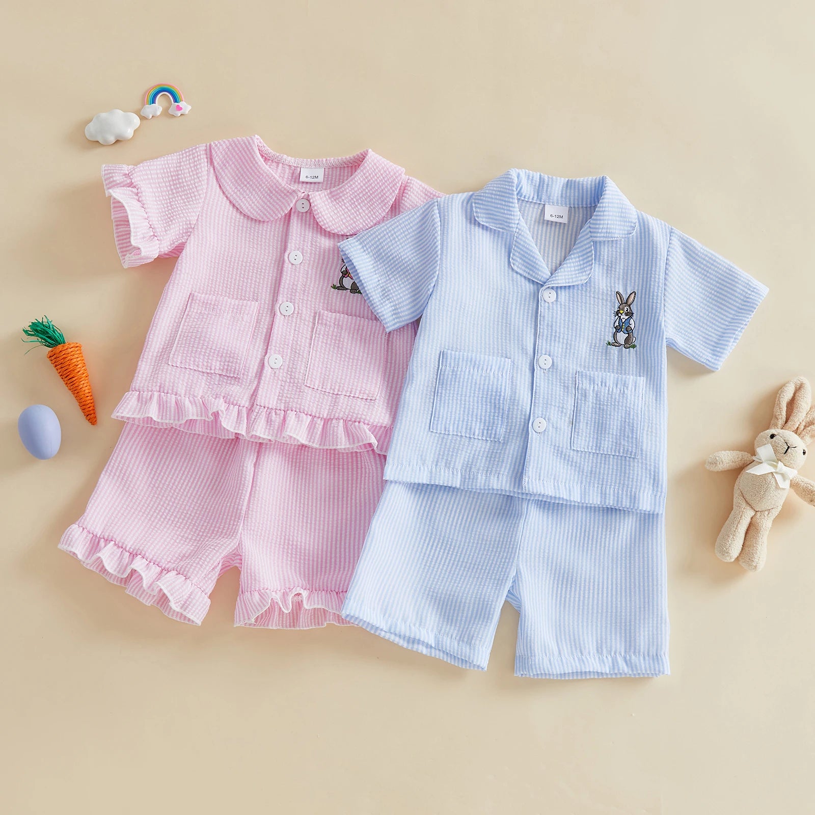 Citgeett Summer Easter Kids Toddler Baby Boys Girls Pajamas Set Bunny Embroidered Striped Button Short Sleeve Top Shorts Clothes
