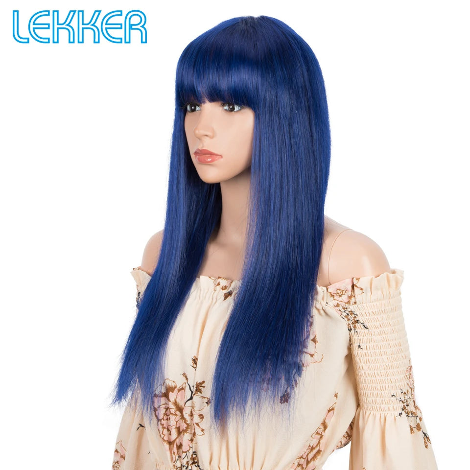 Lekker Clearance Long Royal Blue Straight 100% Human Hair Wigs With Bangs For Women Brazilian Remy Hair Halloween Cosplay Wigs