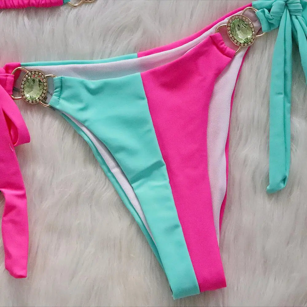 Rhinestones Splicing Bikini Set