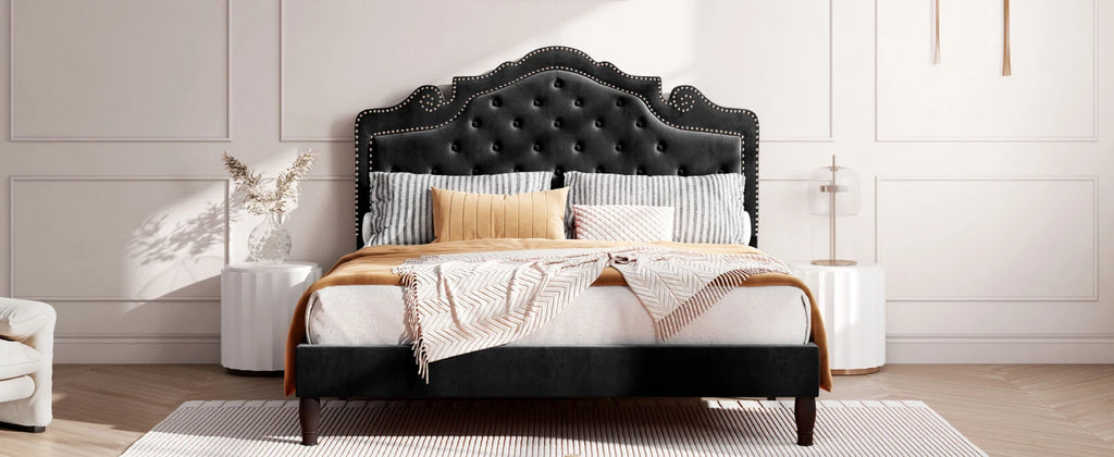 Bed Frame with Adjustable Velvet Tiara Headboard