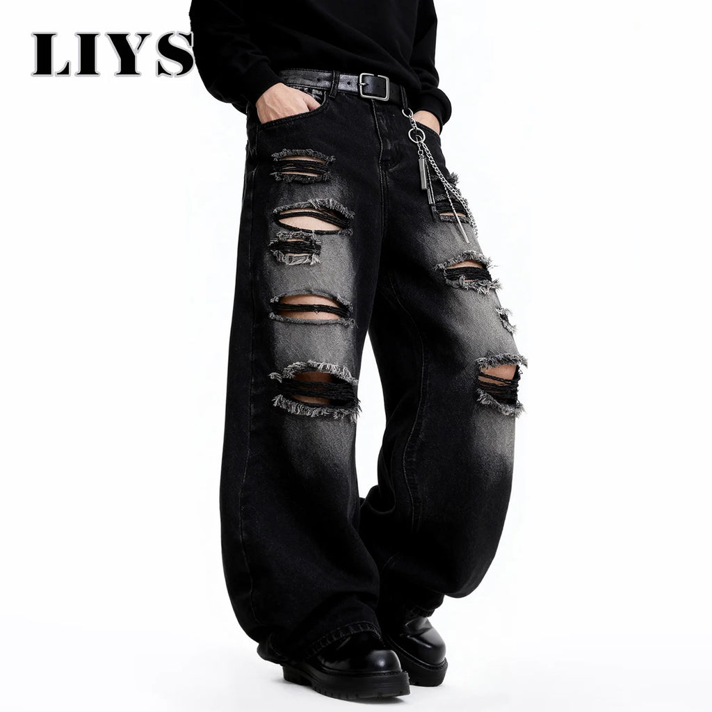 Retro Black Baggy Wide Leg Ripped Jeans